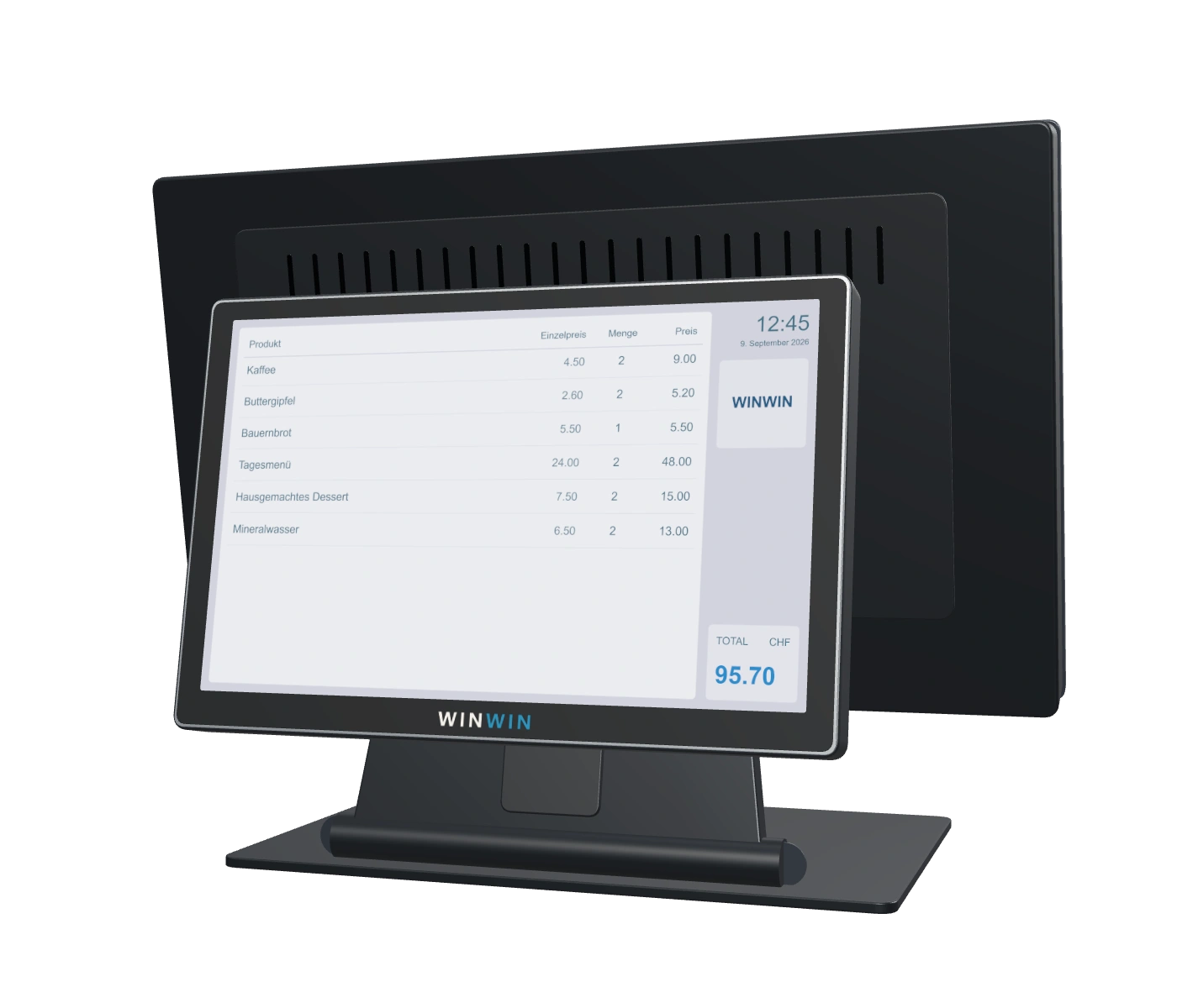 WinWin 10,1-Zoll-Kundendisplay auf der Rückseite der Kasse mit Belegübersicht