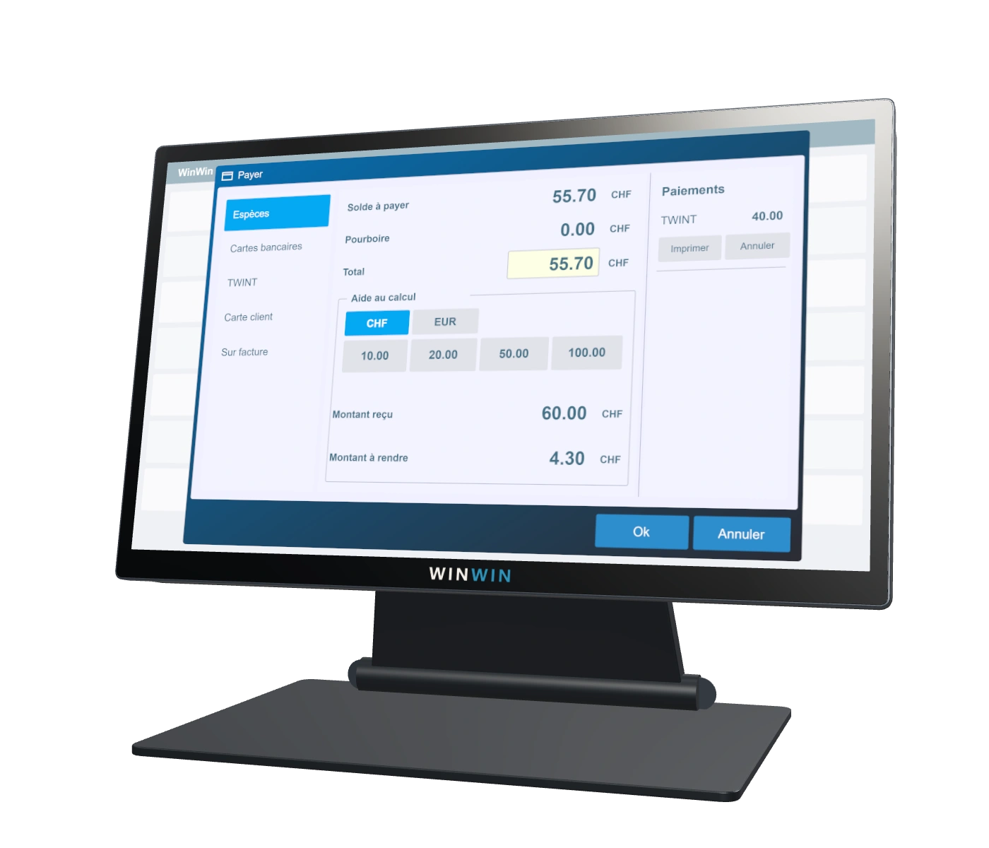 WinWin Terminal PT58A affichant l’écran de paiement WinWin